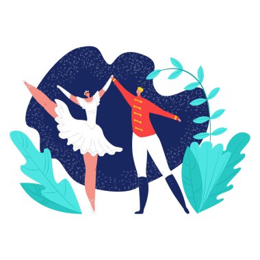 Profesyonel kadın ve erkek karakter birlikte dansçı klasik dansçı, güzel takım elbise düz vektör çizimi, beyaz üzerinde izole.