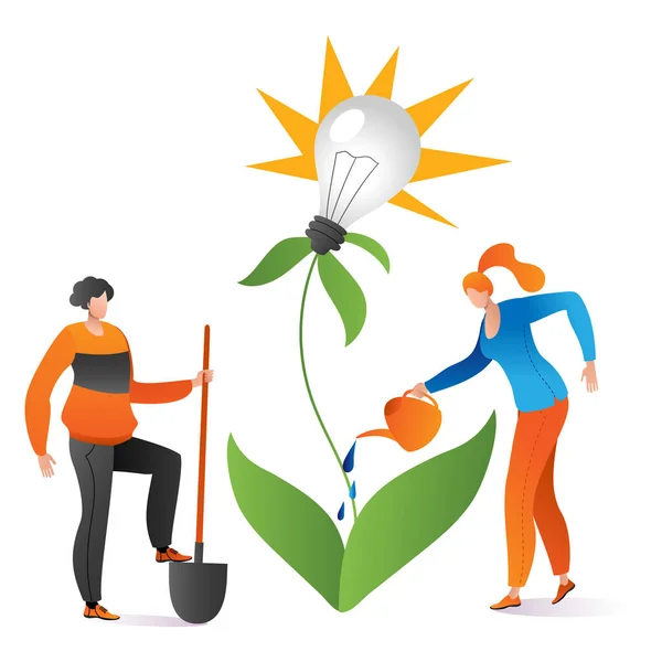 Teamwork Menschen zusammen verwenden Gießkanne Geschäftsidee kreative, gewachsene grüne Pflanze Lampe dachte Cartoon-Vektor-Illustration, isoliert auf weiß. — Stockvektor