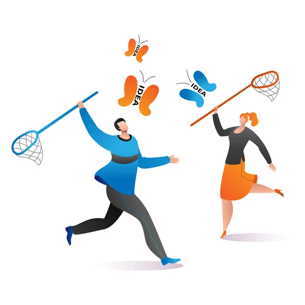 Mensen samen karakter man en vrouw running hold vlinder net vangen creatieve idee cartoon vector illustratie, geïsoleerd op wit. — Stockvector