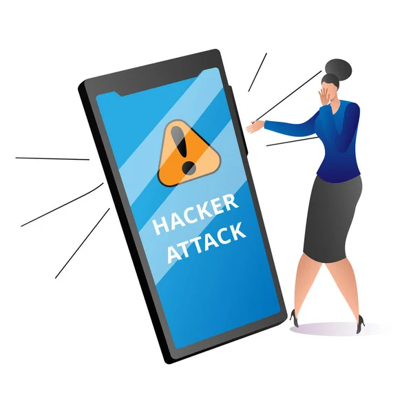 Modern teknik it-säkerhet skydd, kriminella angrepp på mobiltelefon, kvinna skrämma platt vektor illustration, isolerad på vit. — Stock vektor