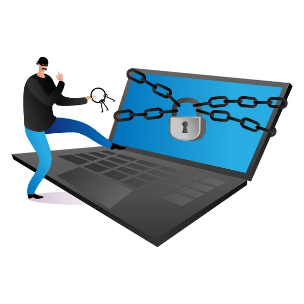Brottsling hacker stjäla personuppgifter, hacka attack till bärbar dator, it-säkerhet modern teknik platt vektor illustration, isolerad på vitt. — Stock vektor