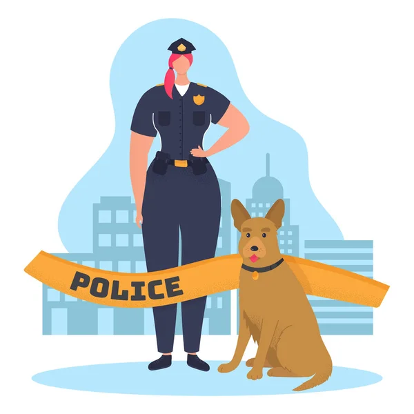 Mujer policía personaje mantenga perro de servicio y proteger la orden, ilustración del vector de dibujos animados aplicación de la ley, aislado en blanco. — Vector de stock