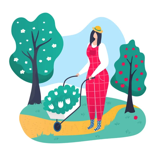 Personaje de la mujer jardinero hobby mantenimiento del jardín privado, flor de retención femenina carro de dibujos animados vector ilustración, aislado en blanco. — Vector de stock