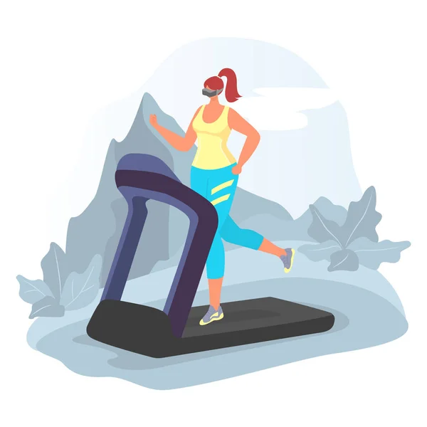 Virtual reality sport simulator, modern technology woman running on treadmill cartoon vector illustration, isolated on white. — Stock Vector