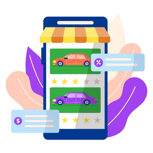 Moderne mobiele applicatie te huur, voertuig rating, smartphone delen auto app platte vector illustratie, geïsoleerd op wit. — Stockvector