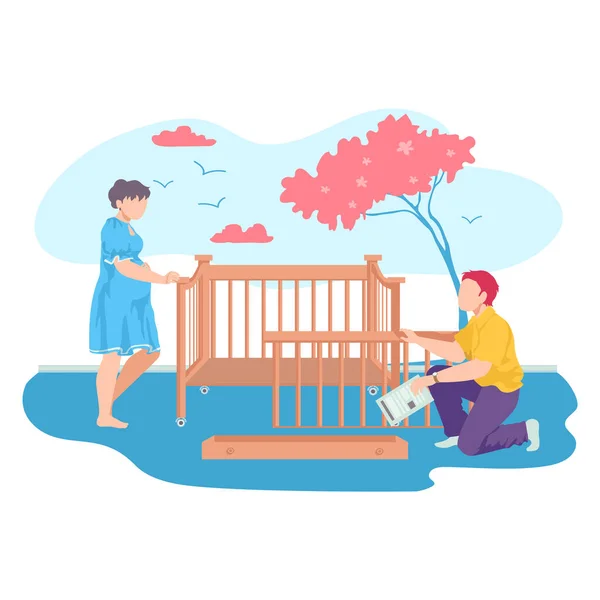 사랑 스러운 젊은 가족이 함께 아기 침대를 모으고 있으며, 임신 한 여자는 남편이 하얀 바탕에 따로 떨어져 있는 만화 벡터 삽화를 그리는데 도움이 된다. — 스톡 벡터