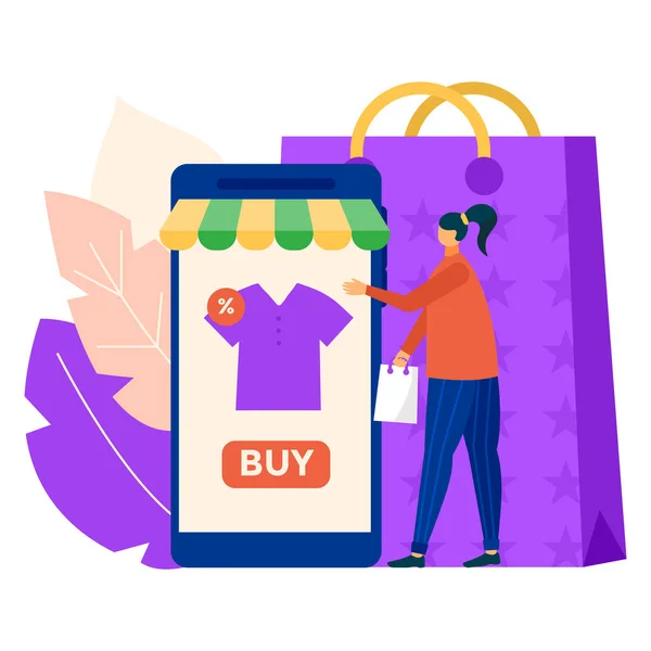 Online kleding winkelen mobiele telefoon applicatie, remote internet smartphone app voor kleding kopen platte vector illustratie, geïsoleerd op wit. — Stockvector
