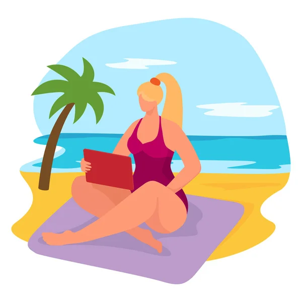 열 대의 휴양지인 해변 앞쪽에 앉아 있는 쾌활 한 휴가 여성이 흰색에 고립 된 가젯 태블릿 플랫 벡터 일러스트를 들고서. — 스톡 벡터