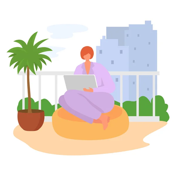 Mujer sentada balcón navegar por Internet con la tableta gadget, la vida moderna en línea, freelander remoto trabajo ilustración vector plano, aislado en blanco. — Vector de stock