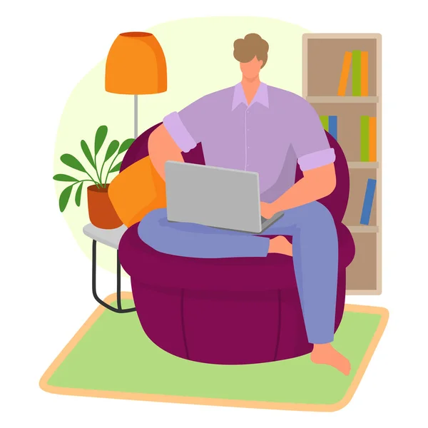 Uomo seduto a casa poltrona surf internet laptop, vita moderna online remoto lavoro freelander piatto vettoriale illustrazione, isolato su bianco. — Vettoriale Stock