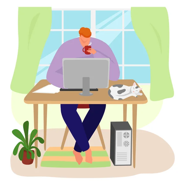 Hombre freelancer personaje sentado mesa de trabajo y beber café de la mañana, actividades de trabajo remoto ilustración vectorial plana, aislado en blanco. — Vector de stock