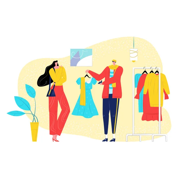 Amigo de la mujer y el hombre juntos comprar ropa de moda vestido, estilista ayudar a personaje femenino ilustración plana vector, aislado en blanco. — Vector de stock