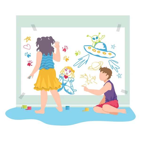 Kleines Kind sitzt Boden Zeichnung Aquarell-Bild, Charakter Kinder weiblichen männlichen Freund Cartoon-Vektor-Illustration, isoliert auf weiß. — Stockvektor