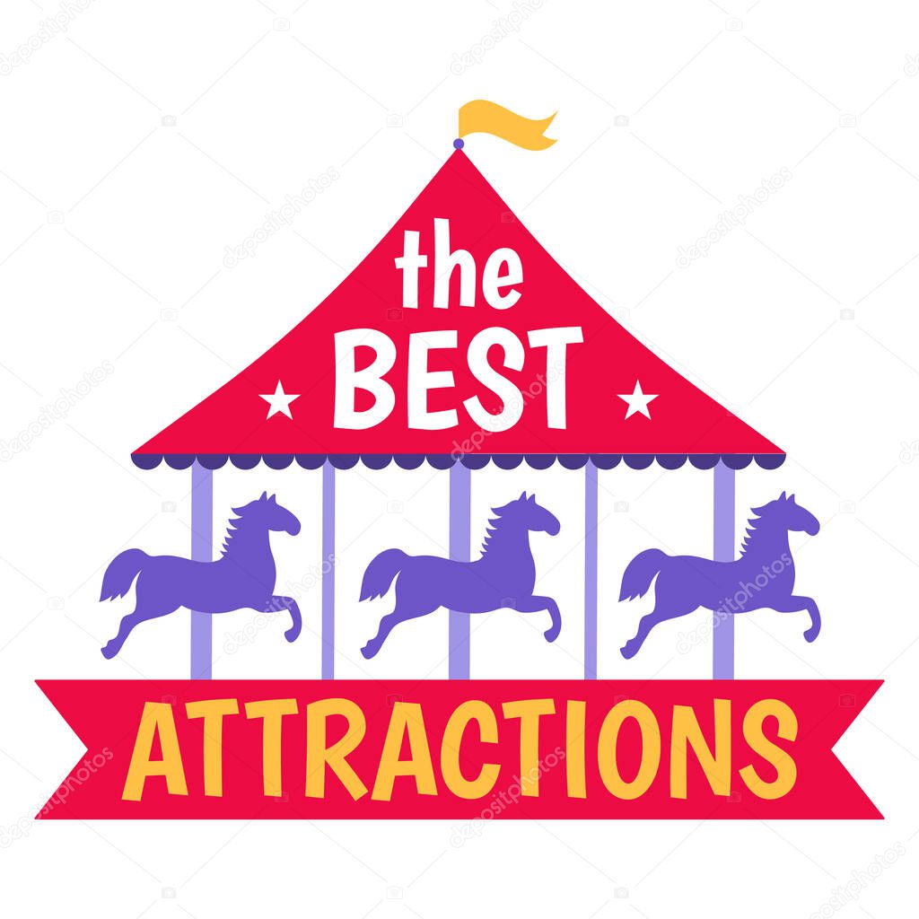 Best attractions circus amusement, concept horse round carousel, icon entertainment carnival flat vector illustration, isolated on white.