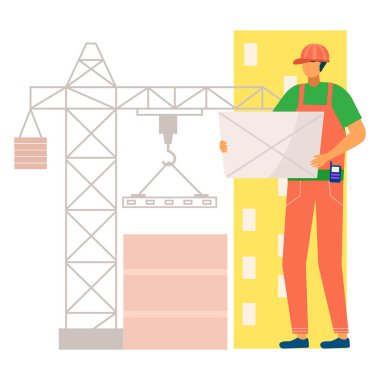 Profesyonel mühendis karakter yapı evi çizimi, inşaat alanı vinç düz vektör çizimi, beyaz üzerine izole.