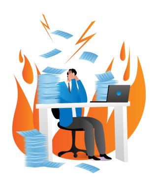 Ofis çalışanı karakteri iş yerinde stresli, iş adamı dizüstü bilgisayarda oturuyor, ateş çizgi filmi vektör illüstrasyonunun sıkı lideri, beyaz üzerinde izole edilmiş..