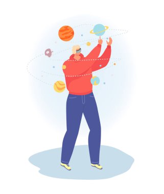 Modern teknoloji sanal gerçeklik bilgi işleme, erkek karakter astronom VR çalışma çizgi film vektör çizimi, beyaz izole.