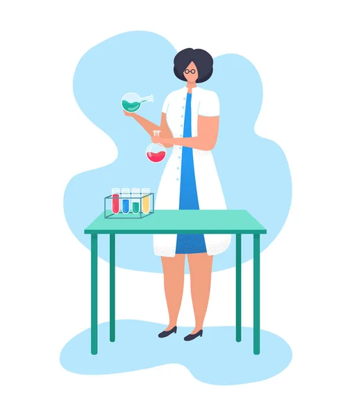 Woman character research fellow hold laboratory flask, chemical liquid research activity flat vector illustration, isolated on white. — Stock Vector