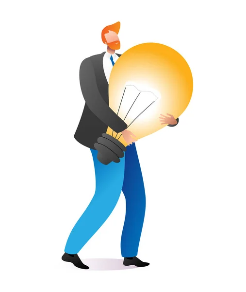 Бізнесмен тримає носіння творчої ідеї лампочки, чоловічий персонаж натхнення мозковий штурм мультфільм Векторні ілюстрації, ізольовані на білому . — стоковий вектор