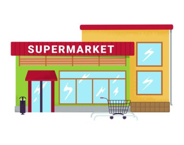 Şehir merkezindeki süpermarket, bölge mini marketi, alışveriş arabası tramvayı durmakta olan düz vektör çizimi, beyaz üzerinde izole edilmiş..