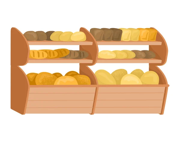 Markt broodwinkel plank, vers zelfgemaakt brood, bakkerij food shop platte vector illustratie, geïsoleerd op wit. Ontvangenis brood. — Stockvector