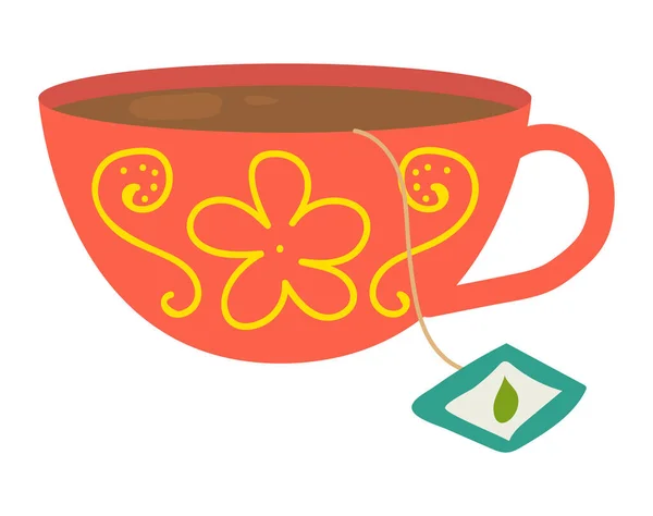 Icono de té de hoja de taza con deliciosa bebida de Inglaterra, etiqueta de la bolsa de taza, concepto de ilustración vectorial plana, aislado en blanco. Vidrio pintado rojo servicio. — Vector de stock