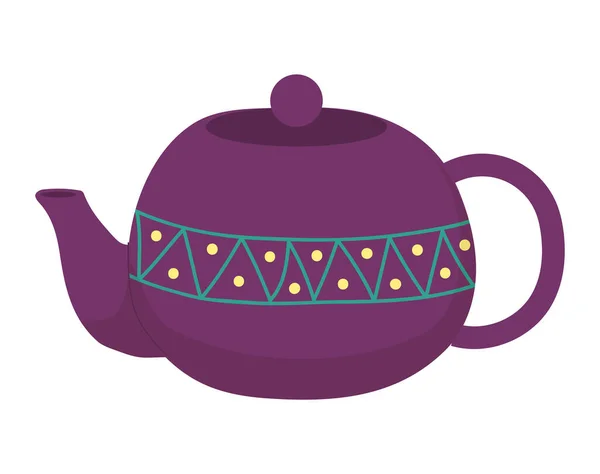 Taza de té púrpura tetera servicio icono, concepto chino porcelana verde tetera de hoja, ilustración vector plano, aislado en blanco. — Vector de stock