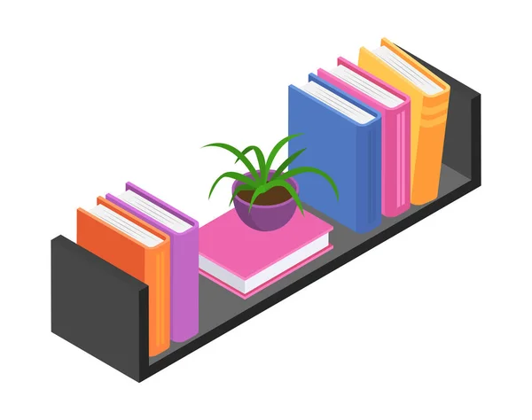 Bücherregal mit Volumenbuch, Booklet und persönlicher Bibliothek, Konzept Grüner Blatttopf, Wandregal isometrische Vektorillustration, isoliert auf weiß. — Stockvektor