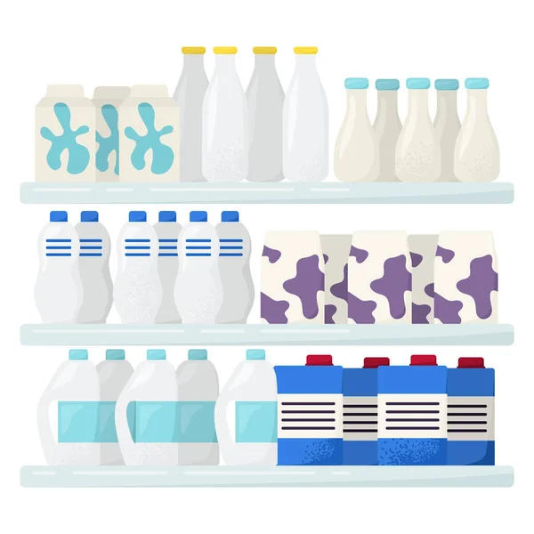 Estante de la tienda de leche del mercado, bebida láctica entera casera fresca, ilustración plana del vector de la tienda de alimentos, aislada en blanco. Concepto producto alimenticio. — Vector de stock