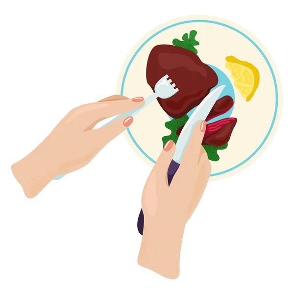 Жінка-персонаж рука тримає ніж і виделку, ресторанна тарілка м'ясна їжа, стейк харчових продуктів плоский Векторні ілюстрації, ізольовані на білому . — стоковий вектор