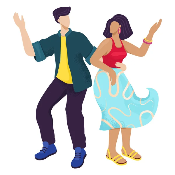 Mujer y hombre baile latino apasionado, personaje femenino junto con hombres bailando ilustración vectorial plana, aislado en blanco. — Vector de stock
