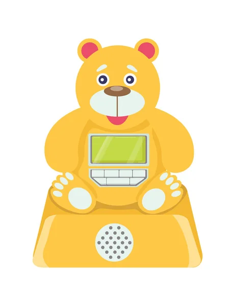 Kinderen dragen speelgoed mobiele telefoon, educatieve kind geel speeltje, concept kid plastic teddy platte vector illustratie, geïsoleerd op wit pictogram. — Stockvector