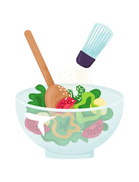 Здорова вегетаріанська миска овочева, органічна ферма, що вирощує помідор, зелений салатний лист та солодкий паприка плоска Векторна ілюстрація, ізольована на білій іконі . — стоковий вектор