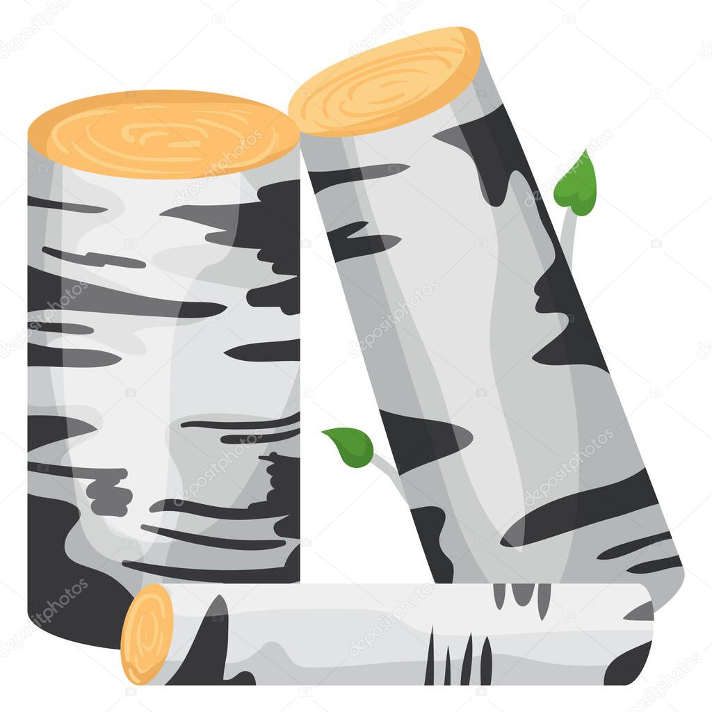 Wooden birch tree stump lying countryside place, concept timber stubby sapling cartoon vector illustration, isolated on white icon.
