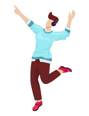 Erkek karakter modern kıyafetler giyer, erkek müzik kulaklığı takar şarkı dinler ve düz vektör çizimi yapar, beyaz renkte izole edilir..