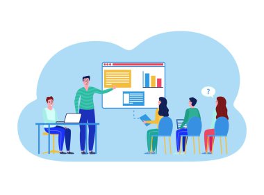 İşletme eğitimi sınıfı, profesyonel şirket öğretmeni beyaz üzerine izole edilmiş, takım çalışması düz vektör çizimi eğitimi alıyor..