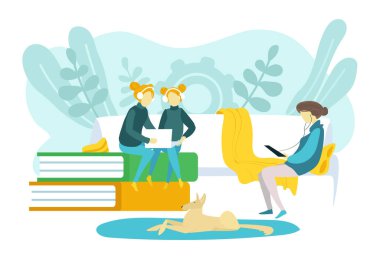 Ev istirahatı için rahat bir yer, kadın ikizler dizüstü bilgisayar izler ve müzik dinler, kız düz tablet tablet resimleme aleti kullanır, beyaz üzerine izole edilmiş..