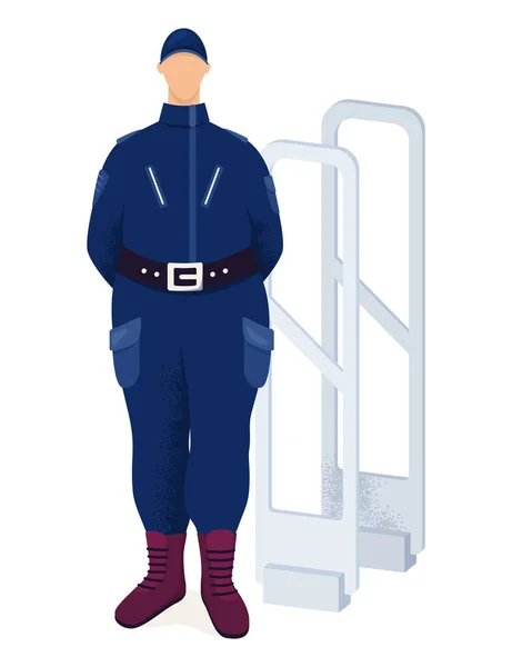 Entrada de guardia de policía masculino empleado del gobierno, personaje de seguridad marco de pie detector de metales vector plano ilustración, aislado en blanco. — Archivo Imágenes Vectoriales