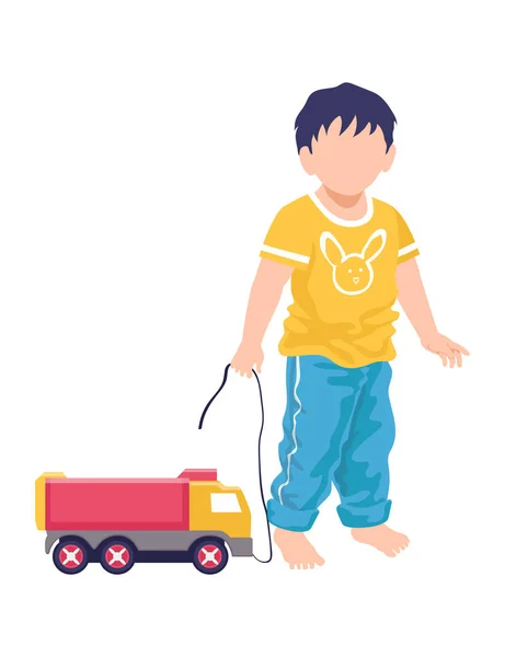 Pequeño niño alegre de pie llevar correa camión juguete, niños niño jugar camión juguete dibujos animados vector ilustración, aislado en blanco. — Vector de stock