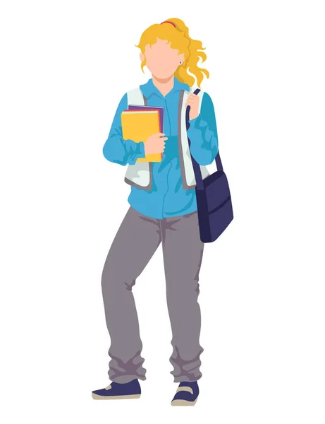 Estudiante universitaria personaje de la mujer, mujer de pie mantenga el libro de texto y el bolso moderno, joven chica rubia ilustración vector de dibujos animados, aislado en blanco. — Archivo Imágenes Vectoriales