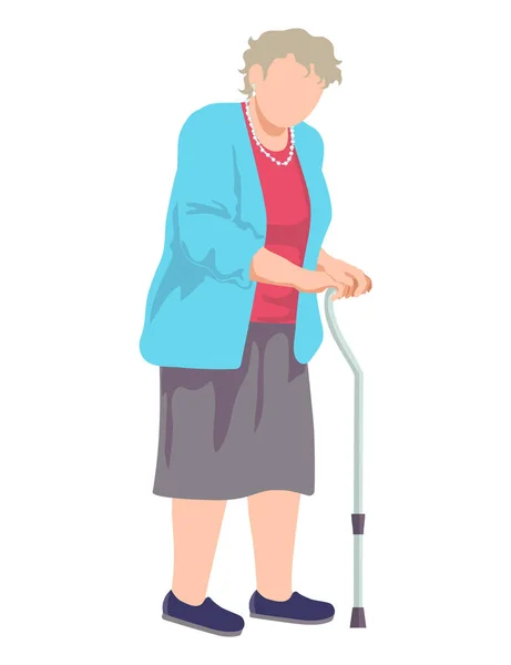 Disease old aged female character with medical walking stick, pension woman outdoor stroll cartoon vector illustration, isolated on white. — Stock Vector