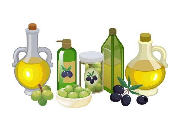 Concept eco gezondheid natuurproduct vergine olijfolie, verse olijf voedsel, gezonde boter voedsel cartoon vector illustratie, geïsoleerd op wit. — Stockvector