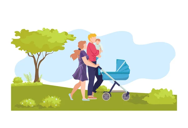 Młoda nowoczesna rodzina chodzić wózka dla dzieci, ekologia naturalny spacer na świeżym powietrzu, charakter trzymać noworodka płaski wektor ilustracji, izolowane na białym. — Wektor stockowy