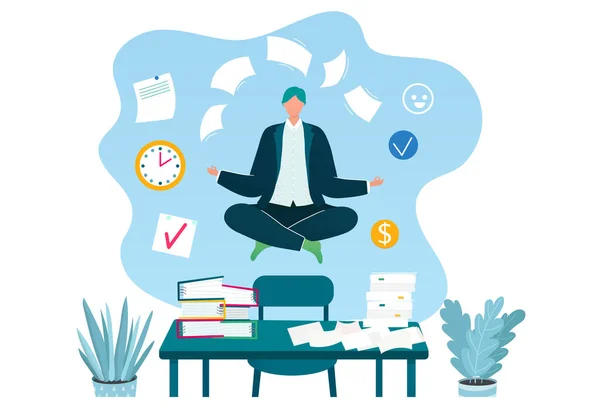 Empresario levitando meditación, proceso de trabajo del empleo del negocio del concepto, ilustración plana del vector del lugar de trabajo, aislado en blanco. — Archivo Imágenes Vectoriales