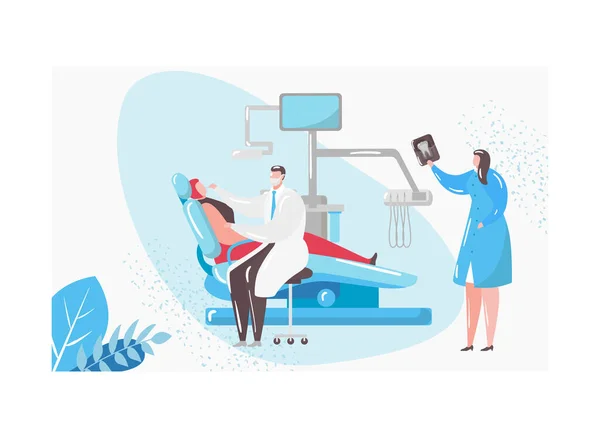 Médico dentista personagem realizar exame de inspeção dentária dente, médico masculino e enfermeira feminina ilustração vetorial plana, isolado em branco. — Vetor de Stock