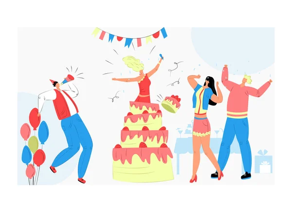 Ragazza personaggio saltando fuori dalla torta, persone tempo allegro trascorrere insieme, divertente vacanza umana danza piatto vettoriale illustrazione, isolato su bianco. — Vettoriale Stock