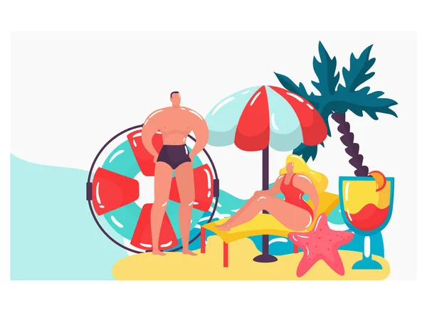 Musculoso personaje masculino hermosa mujer tomar el sol playa tropical, vacaciones de verano ilustración vector plano, aislado en blanco. — Vector de stock