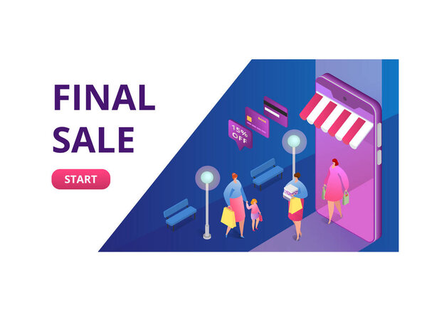 Концепция окончательной продажи онлайн-покупок распродается, начинается расчистка, люди покупают переносную упаковку одежды 3d изометрическая векторная иллюстрация, изолированная на белом.