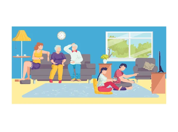 Les enfants jouent console de jeu, personnage de femme communiquer avec la vieille grand-mère et le grand-père illustration vectorielle plat, isolé sur blanc. — Image vectorielle