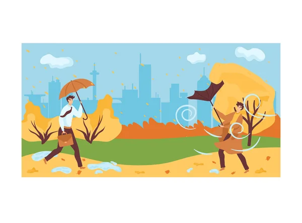 Man hålla paraply promenad i urban stadspark, kvinna promenad höst dåligt blåsigt väder platt vektor illustration, isolerad på vit. — Stock vektor